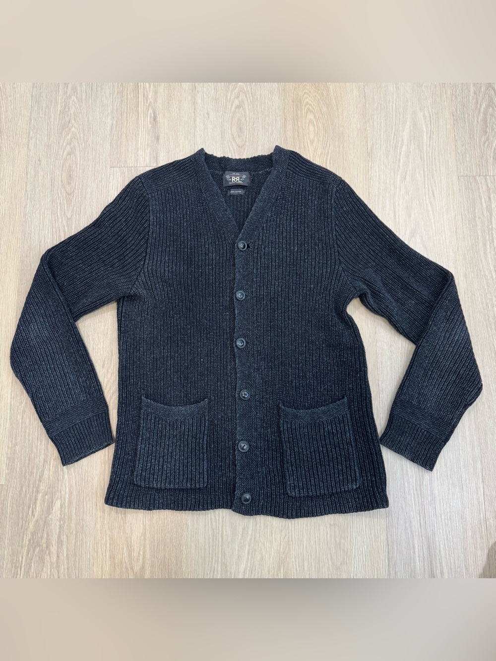 Ralph Lauren Double RL Men’s Dark Charcoal Ribbed Button-Up Cardigan